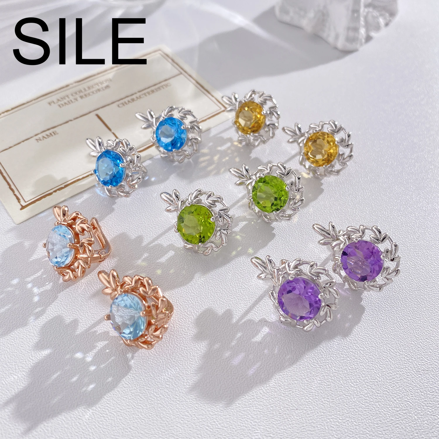 

SILE 9MM Gemstone Stud Earrings 925 Sterling Silver Flower Geometric Fine Jewelry Natural Amethyst Peridot Citrine Topaz Earring