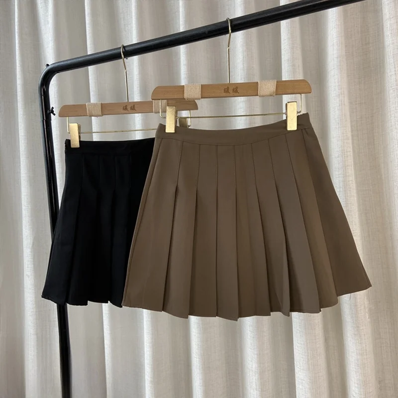 High Waist Pleated  Skirt Women's Autumn Winter A-Line Slimming Korean Style College Fashion Short Skirt PU Material