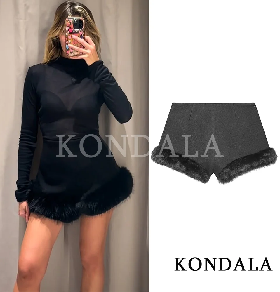 

KONDALA модные элегантные шорты с меховым подолом женские романтические уличные мини-шорты из искусственного меха 2026 весенние шикарные праздничные шорты для вечеринок