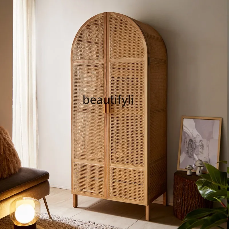 

Modern simple solid wood wardrobe Japanese bed and breakfast bedroom double door with drawer rattan storage cabinet H