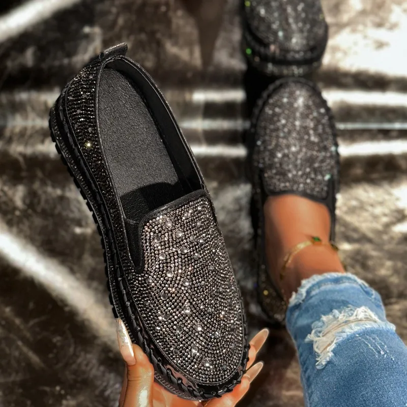 

Женские роскошные лоферы на плоской подошве с кристаллами и бриллиантами, женская повседневная обувь со стразами, туфли без шнуровки на платформе с круглым носком