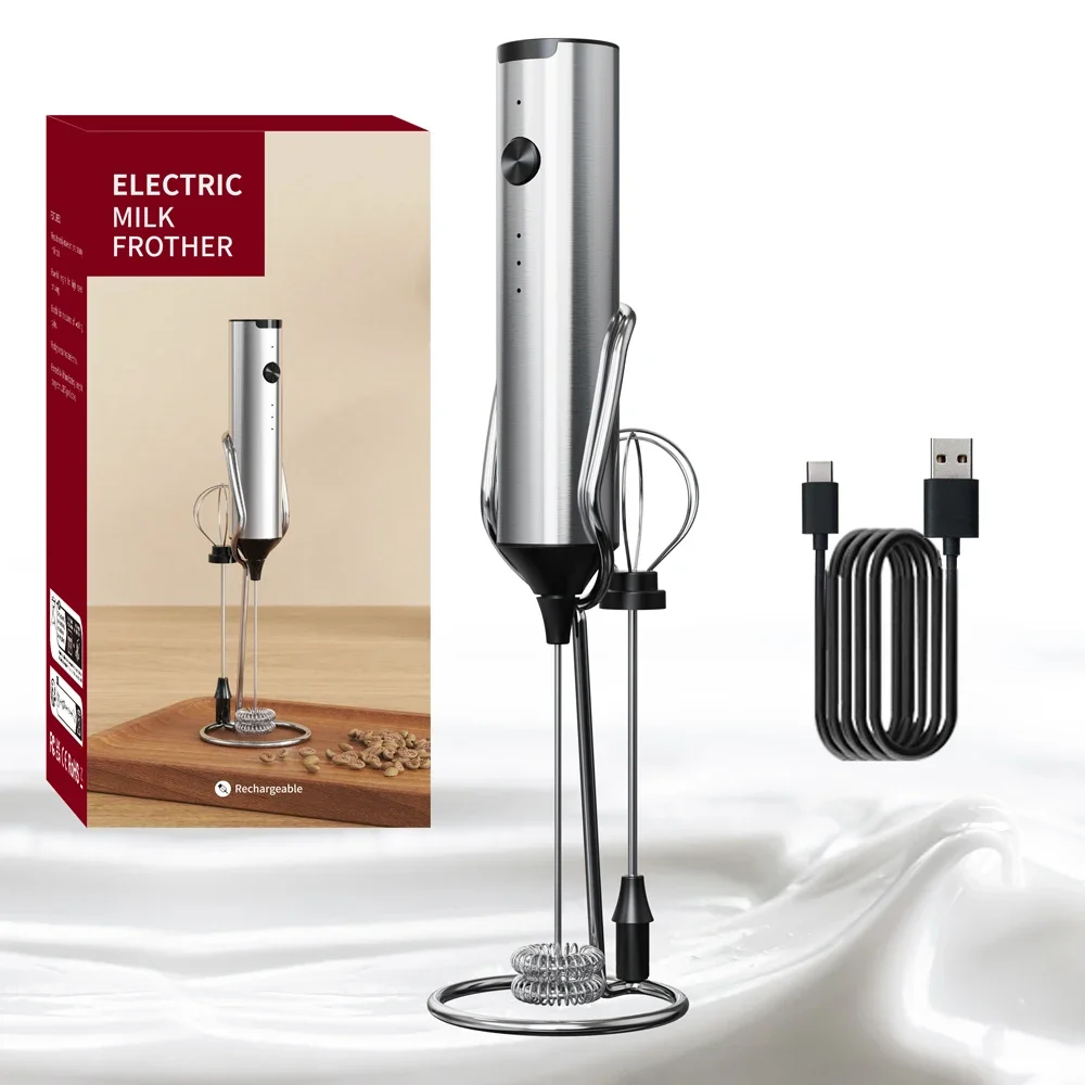 2-in-1 tragbarer elektrischer Milchaufschäumer, USB wiederaufladbar, Mini-Handaufschäumer aus Edelstahl mit Schneebesenständer für Kaffeeschaum