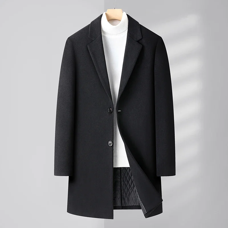 New Men's Fashion Cashmere Elegant Gentleman Solid Color Plus Cotton Thickened Slim Casual Medium Long Wool Coat