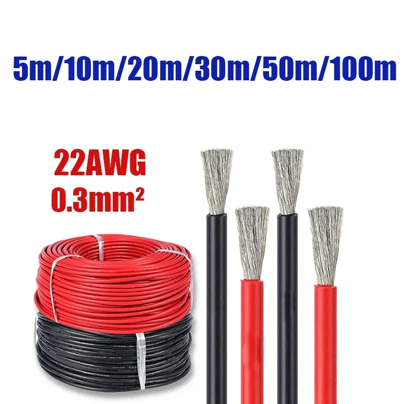 22 AWG Gauge 3A Heat Resistant Silicone Cable 30m 50m 100m Red Black for LED Lighting Model Printer Toy Battery Auto Solar Panel