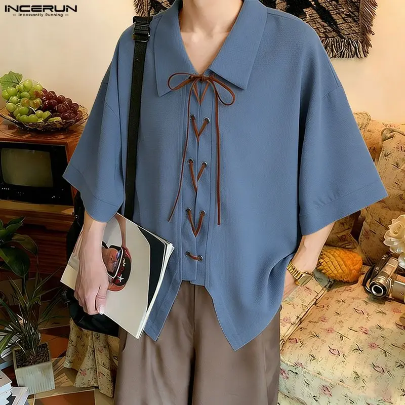 

INCERUN Men's Shirt Lapel Half Sleeve Loose Lace Up Patchwork Men Clothes Summer Loose 2026 Fashion Casual Tops Shirts For Man