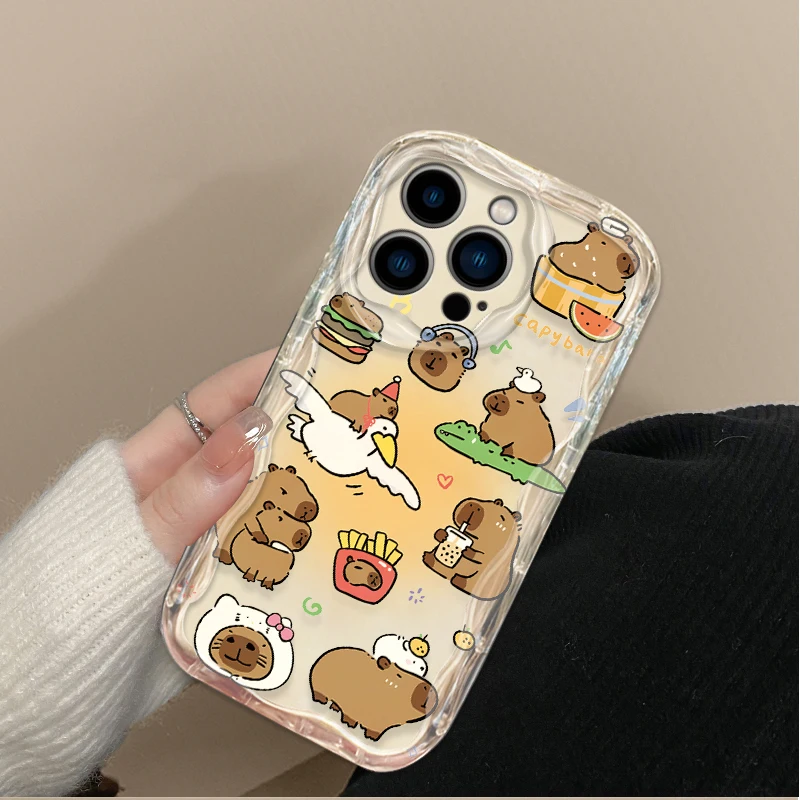Lovely Cartoon Capybara 3D Wave Case For iPhone 16 15 14 13 12 11 Pro Max X XR XS 8 7 Plus SE 2020 TPU Silicone Shockproof Cover