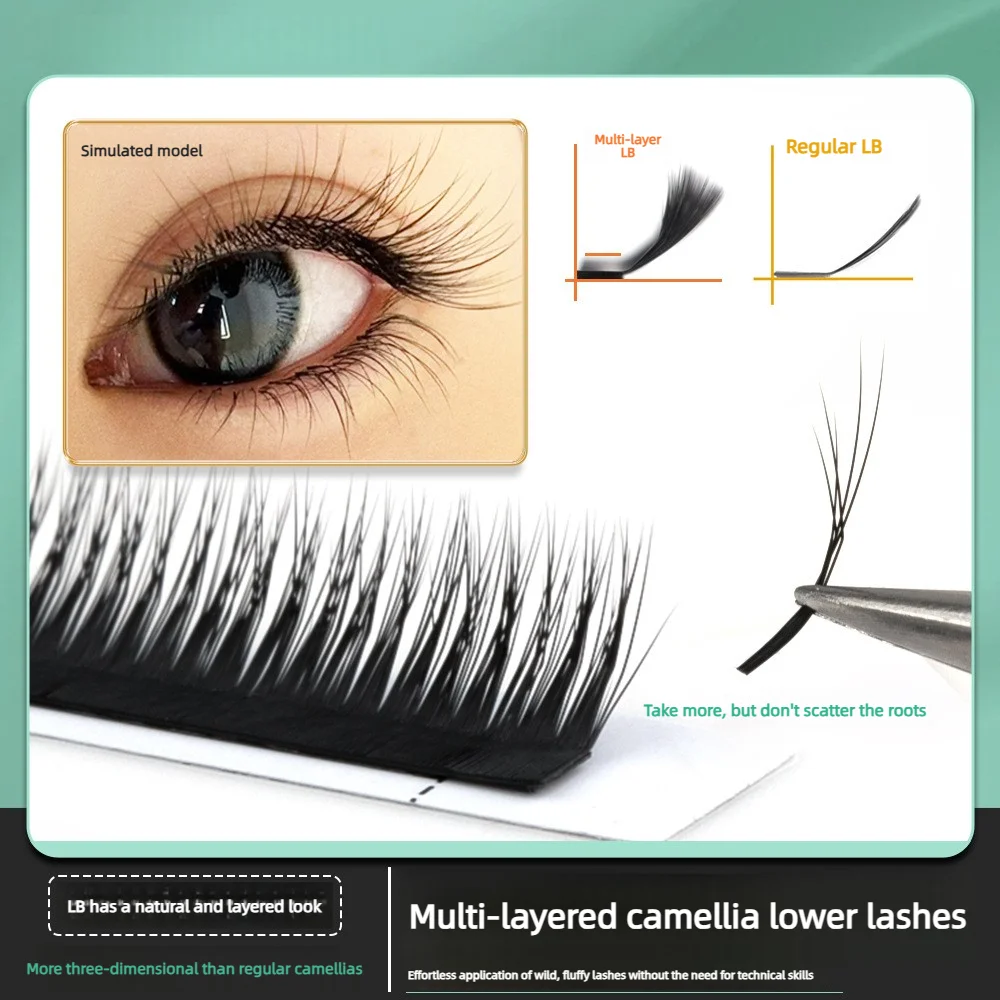 5D multi-layer simulated camellia lower lashes, natural three-dimensional wide-angle, LB curl, non-falling, soft