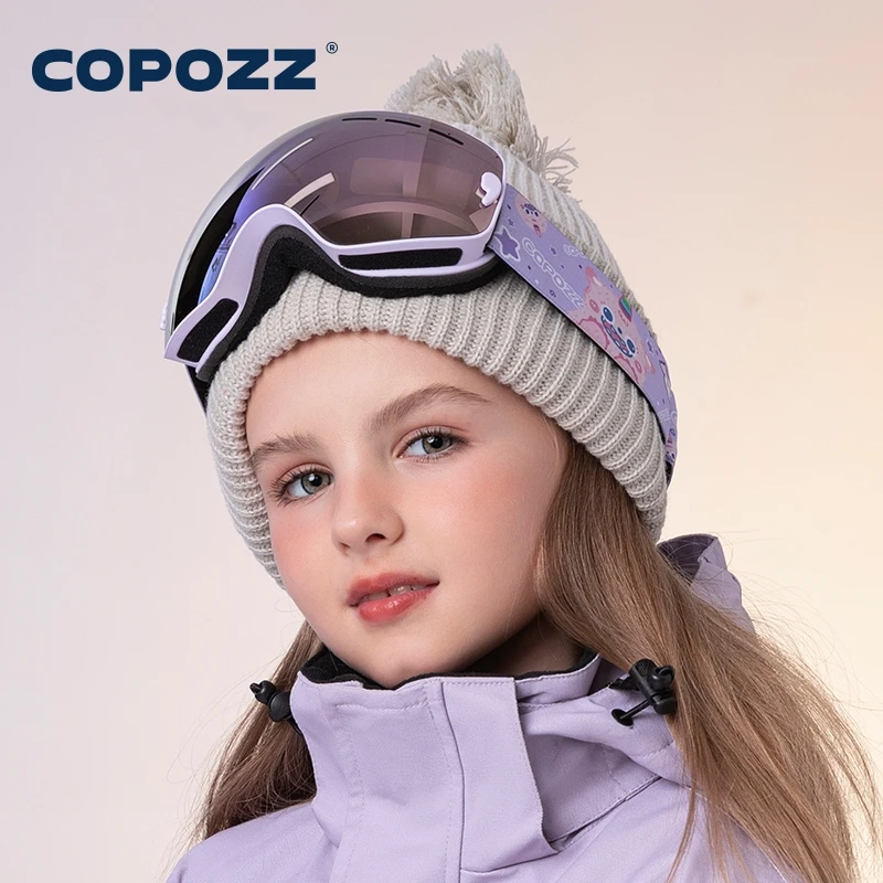 COPOZZ 4-15 years old Kids Ski Goggles Anti-fog Children Snowboard Goggles Double UV400 Skiing Mask Glasses with Cartoon Straps