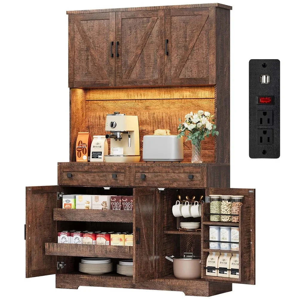 71" Tall Ktchen Pantry Cabinet with Charging Station & LED Lights, Farmhouse Kitchen Hutch Cabinet with Large, Customized