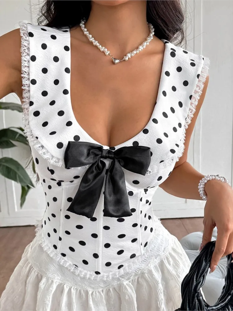 

Polka Dot Camisole Top Fashionable Bow Summer New Women's Clothing Lace Patchwork Fishbone Waist Small Vest Corset Ropa Mujer