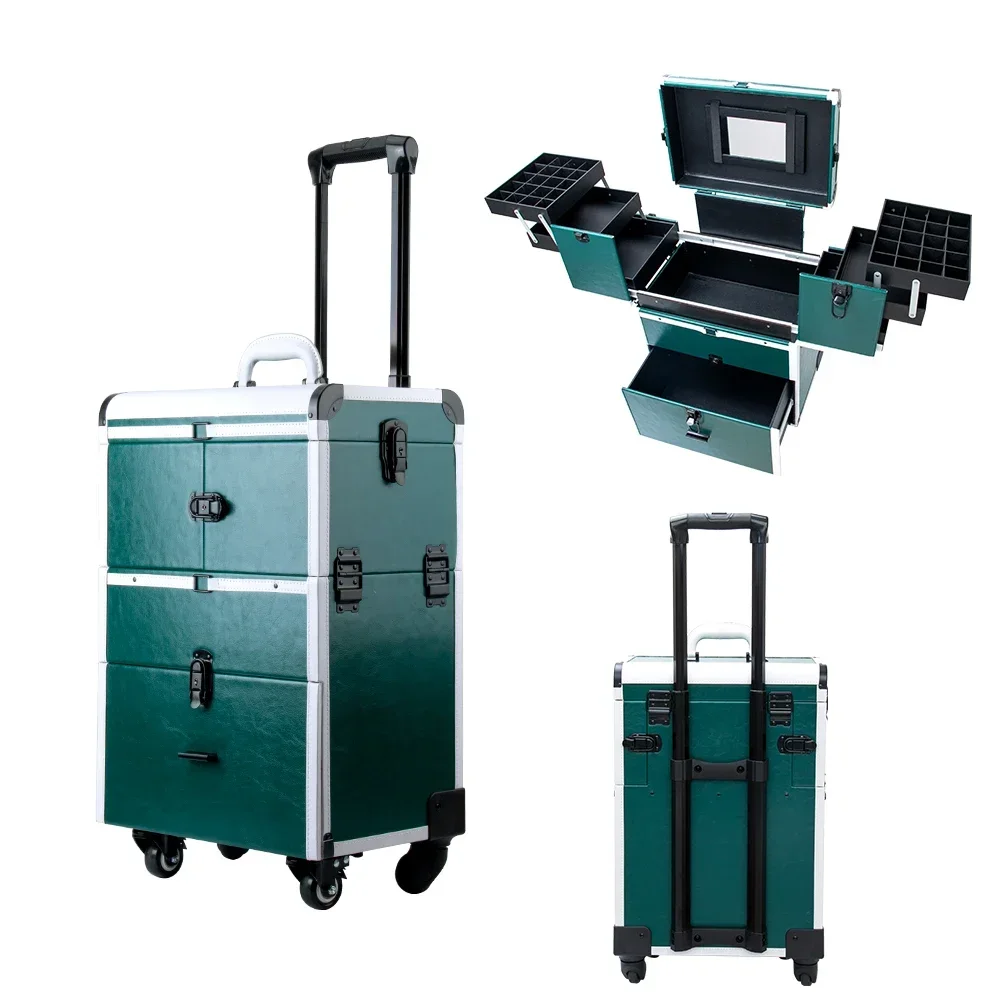 

2025/FAMA direct supplier Black Workstation Folding rolling Portable Trolley makeup case nail tech tables manicure