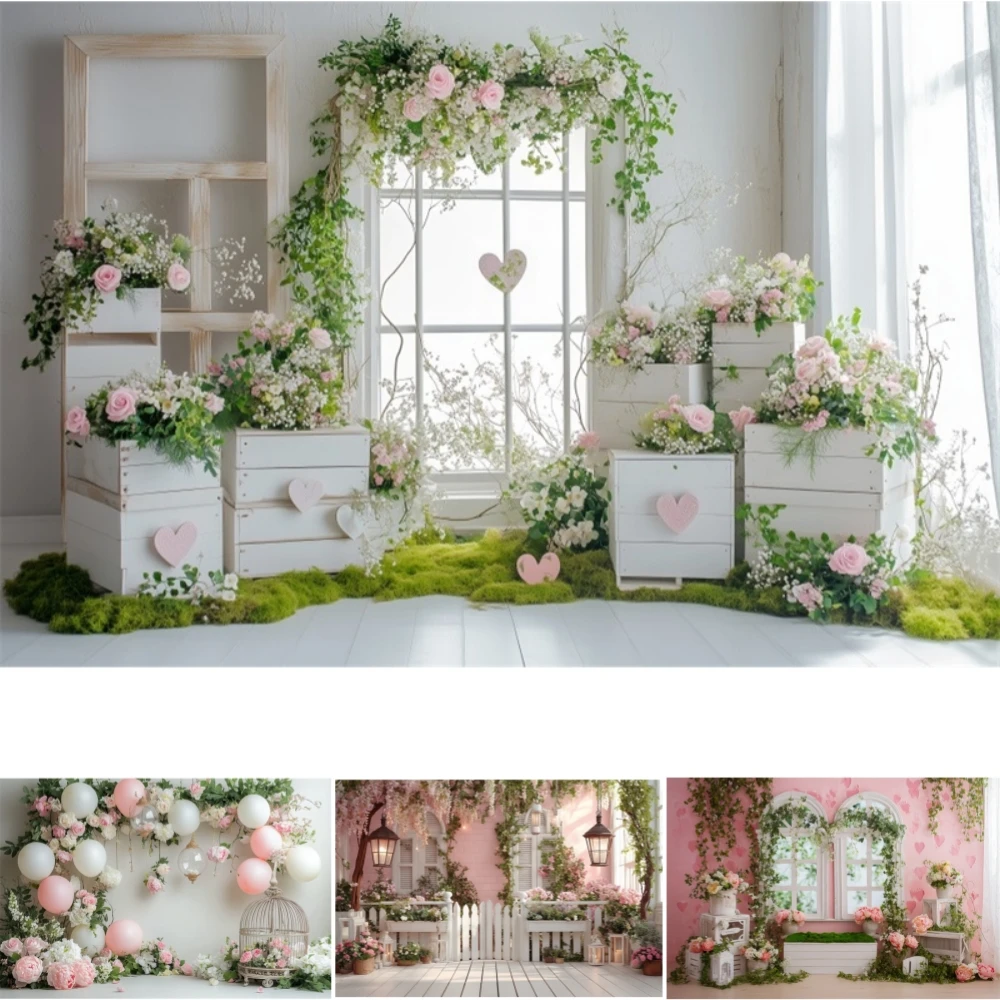 

Spring Pink Flower Kids Background Photo Fence Wall Plants Baby Shower Birthday Portrait Cake Smash Photography Backdrop Studio