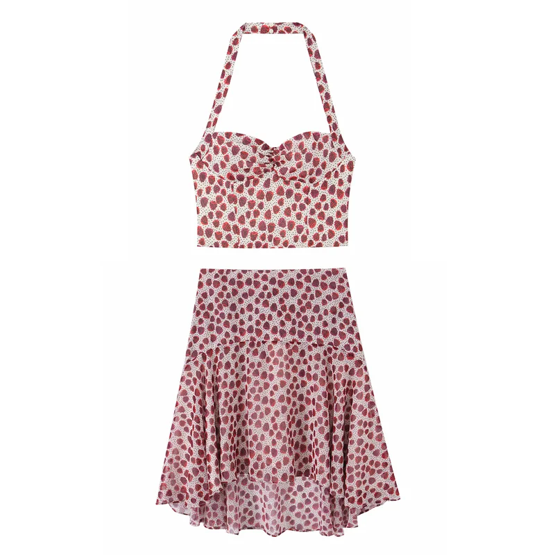 

Women's Set 2026 Spring Summer 2pcs Set Printed Halter Neck Top and Midi Skirt Casual Chic Personality Female Set