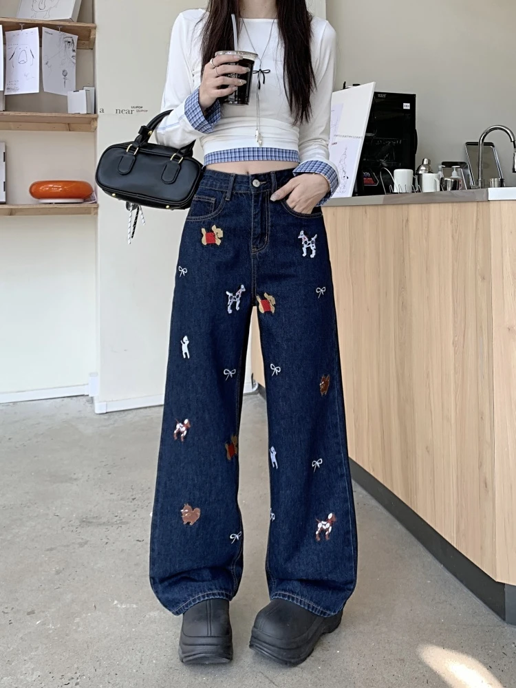 

Women's Cartoon Dog Embroidered Design Wide Leg Blue Jeans Cool Girl Vintage Trouser Streetwear Female Casual Denim Pants