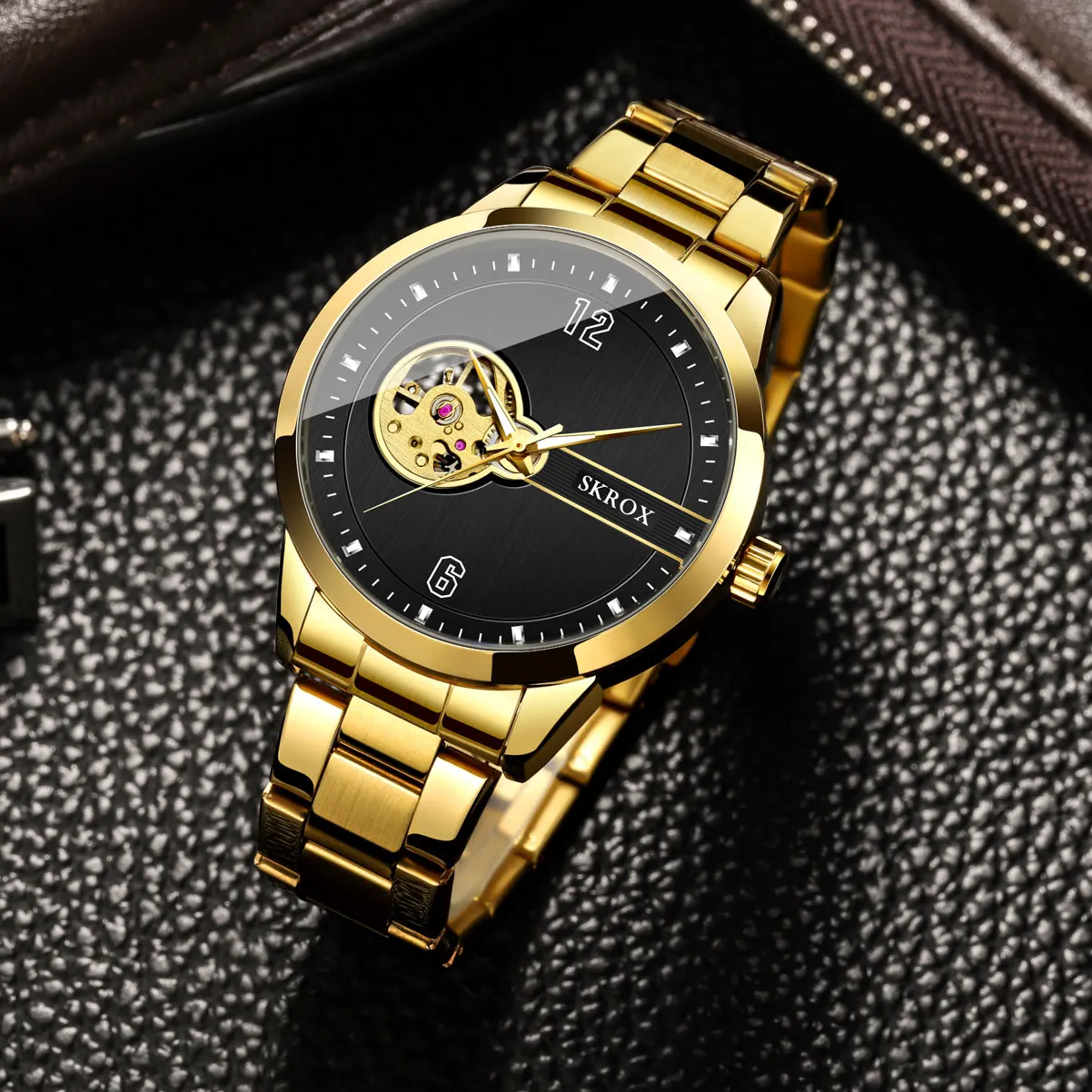 SKROX Luxury Brands Gold Stainless Steel Skeleton Automatic Men's Accessories Watch Waterproof Mechanical Elegant Wrist Watches