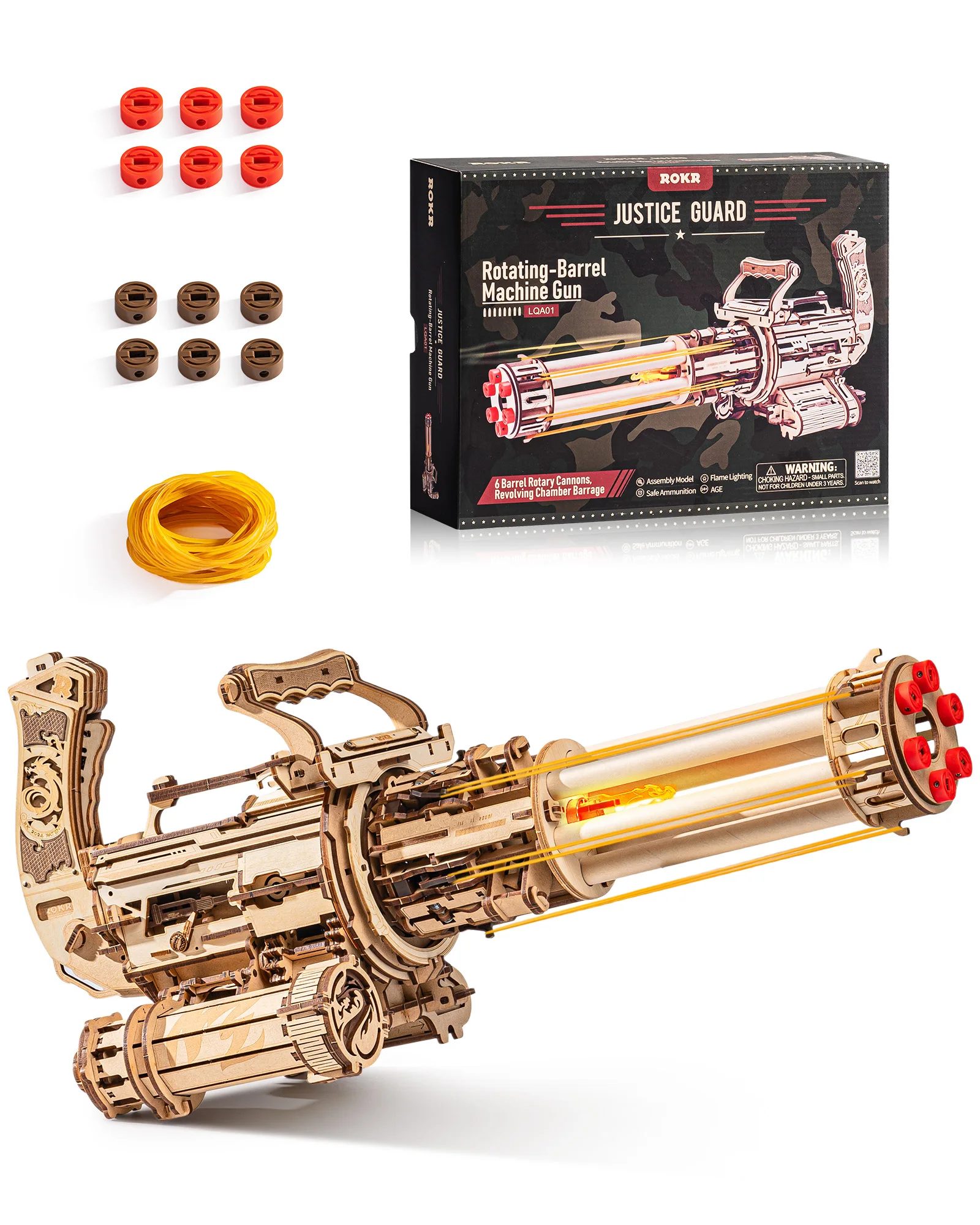 Kit di modelli 3D per puzzle Robotime, macchina a fusto rotante LQA01, effetti di luce a fiamma, lanciatore a molla, da esporre su scrivania o scaffale.