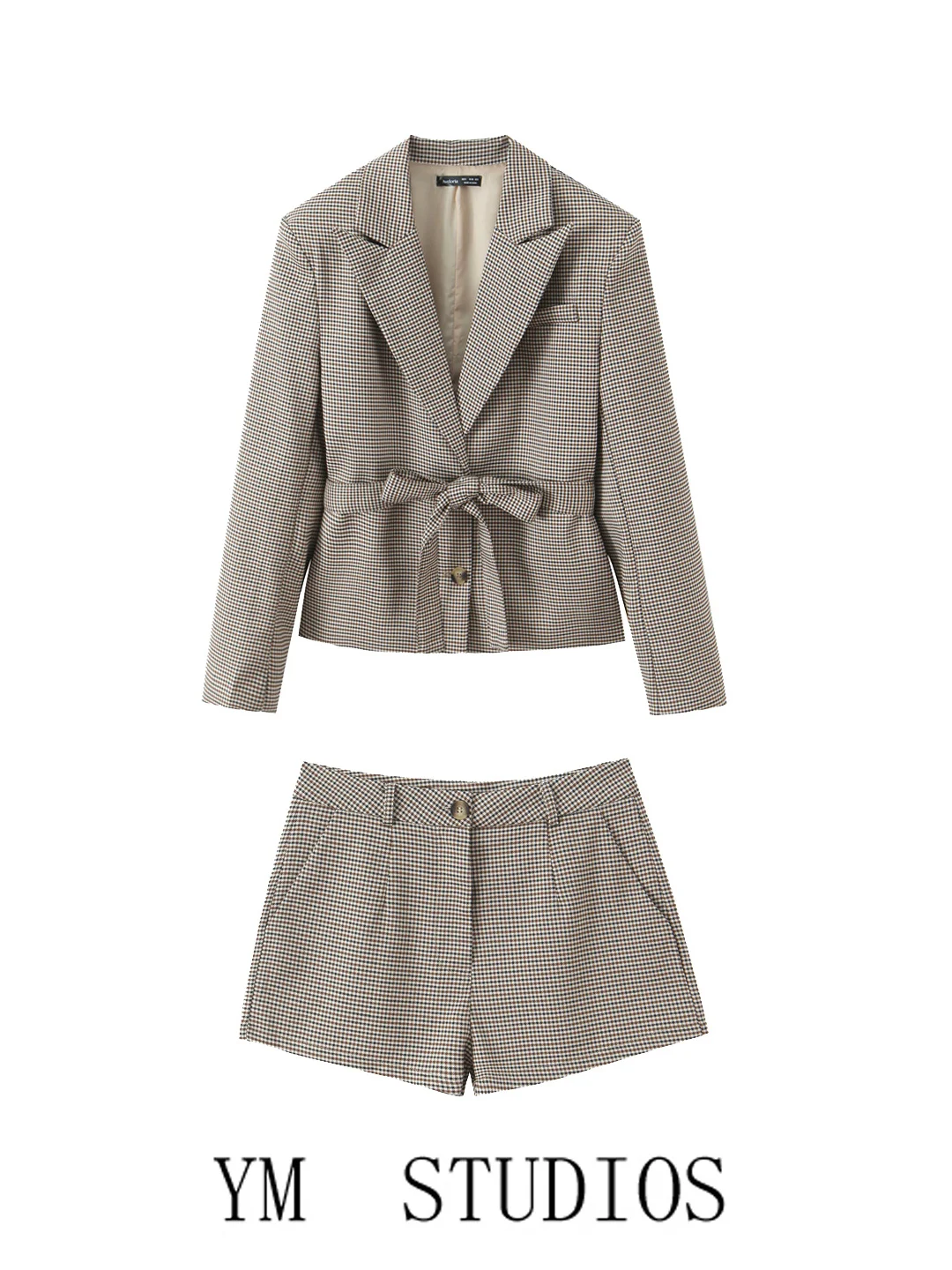 British Style Women's Checkered Suit Jacket with Belt to Work Slimming Shorts Two-Piece Set Summer Fashion High Waist Pants