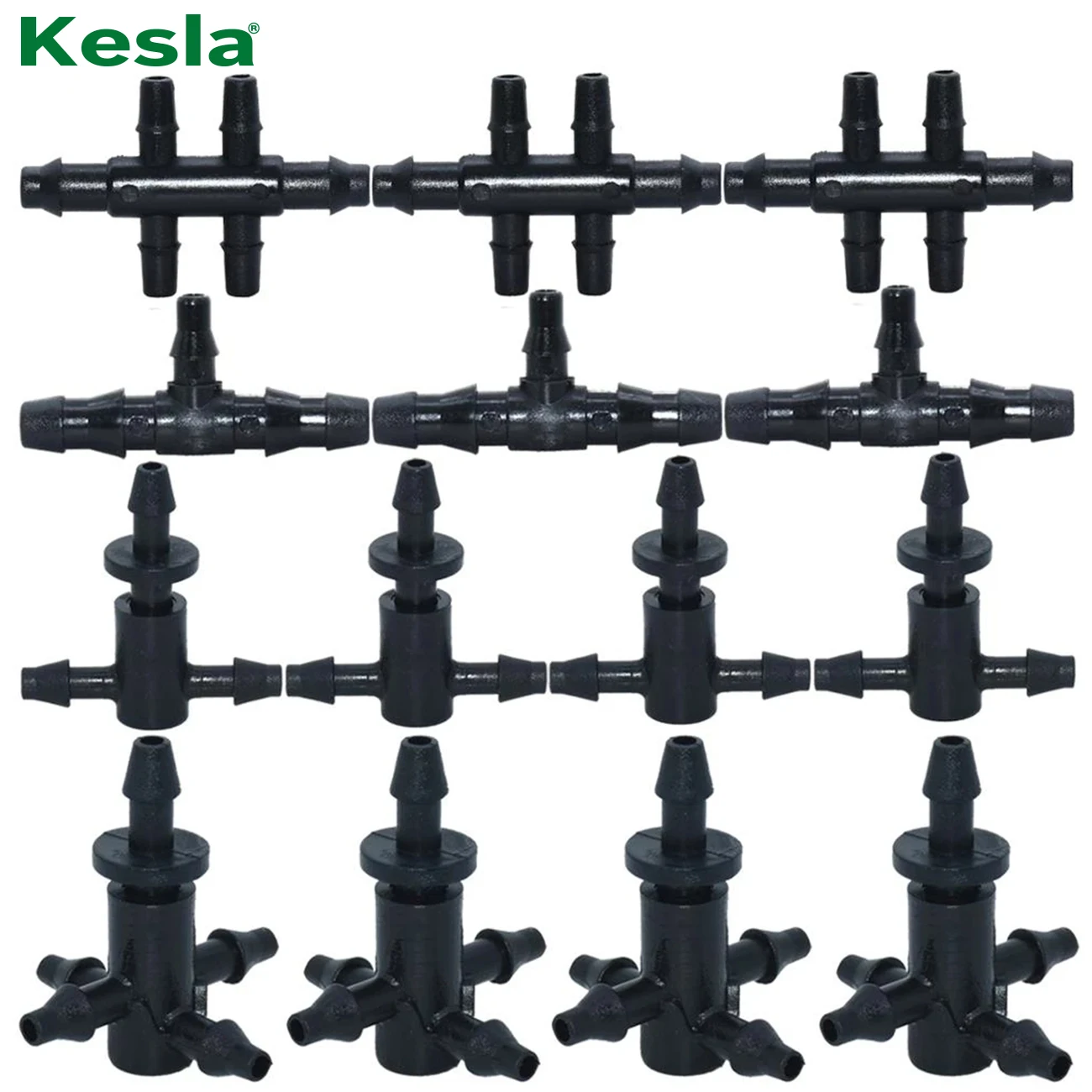 KESLA 50X Tee Connector Fitting for 3/5 mm Hose Dripper Repair Irrigation Sprinkler 1/8'' Barbed Watering System Garden 2&4 Way