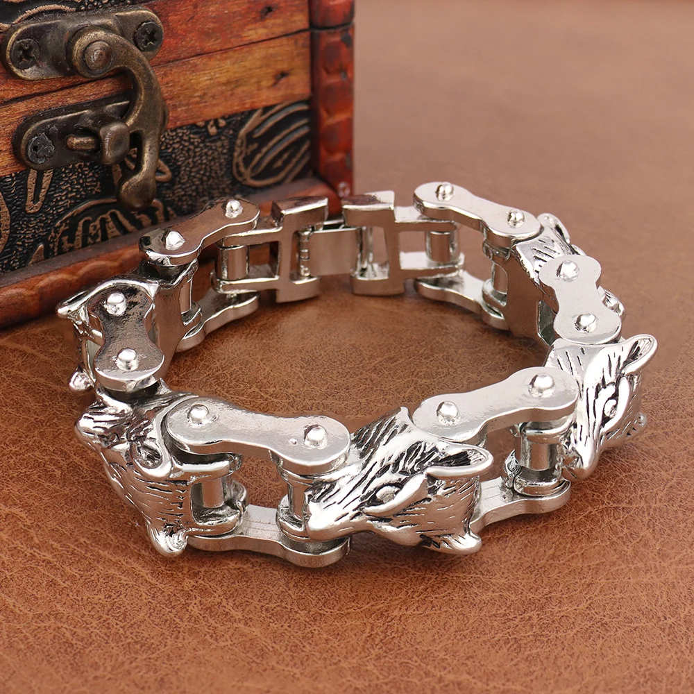 Popular Charm Wolf Head Bracelets Men Trendy Massive Hand Chain Mens Motorcycle Bike Chain Bangles Personality Jewelry Wholesale