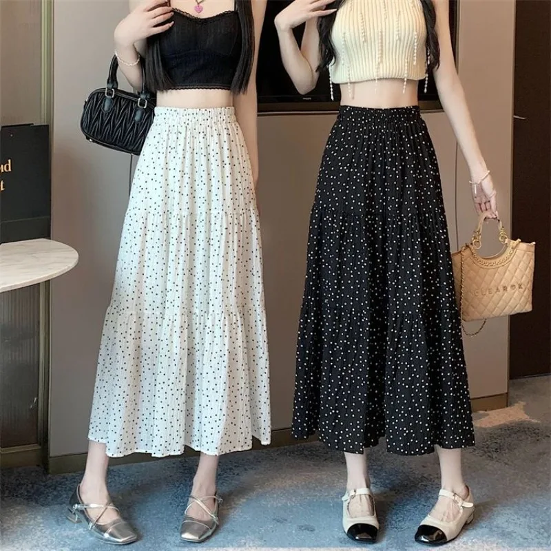 

Polka Dot Chiffon Skirt for Women in Spring Summer High Waist Thin Cover Crotch Umbrella Skirt Small A Word Pleated Half Skirt