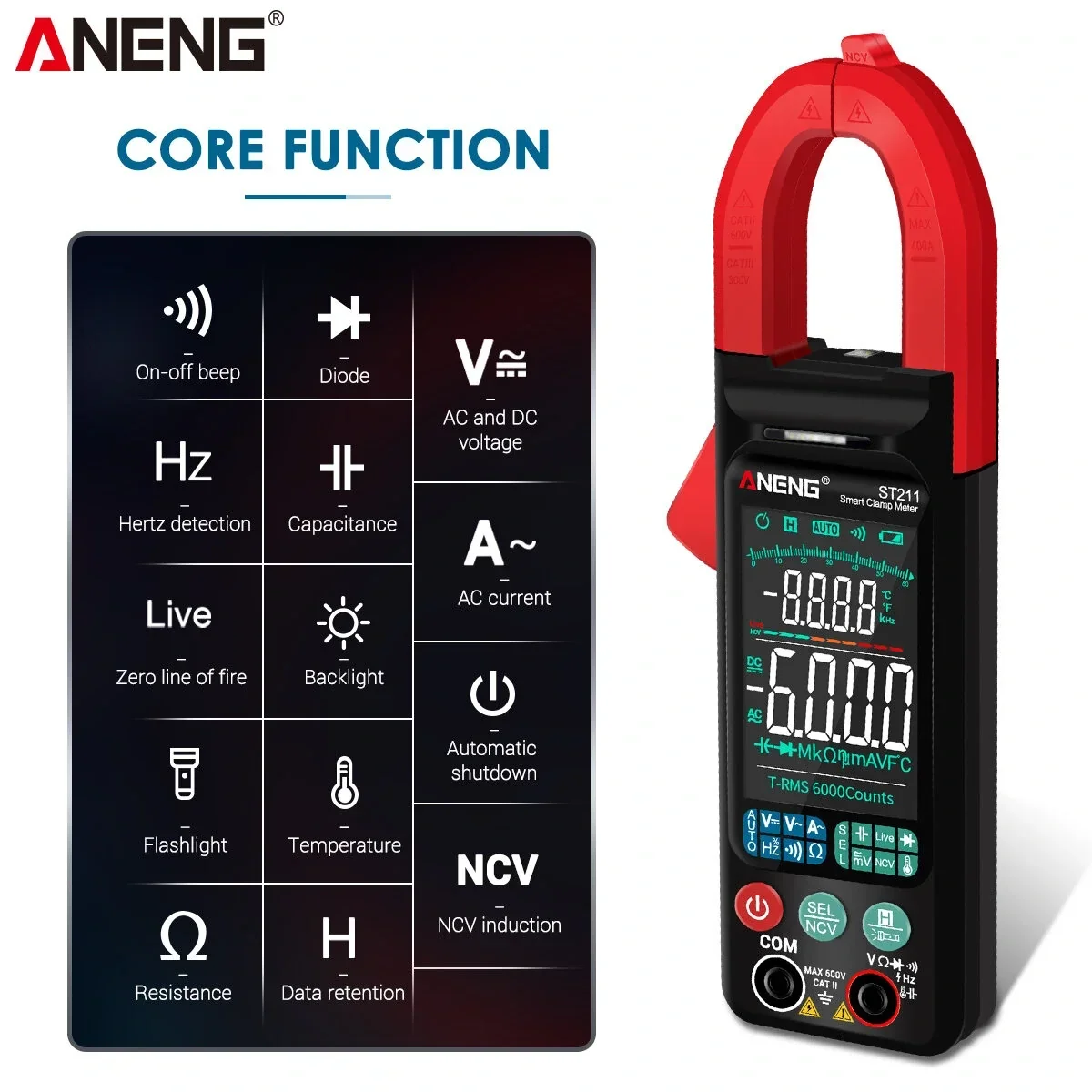 ANENG ST211/ST212 6000 Counts Digital Clamp Meter DC/AC Current 400A Multimeter Large Color Screen Voltage Tester Car Hz NCV Ohm