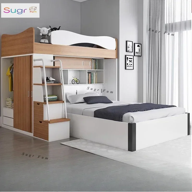 

Nordic multi-function bed up and down bunk staggered mother and child adult under table small apartment economical