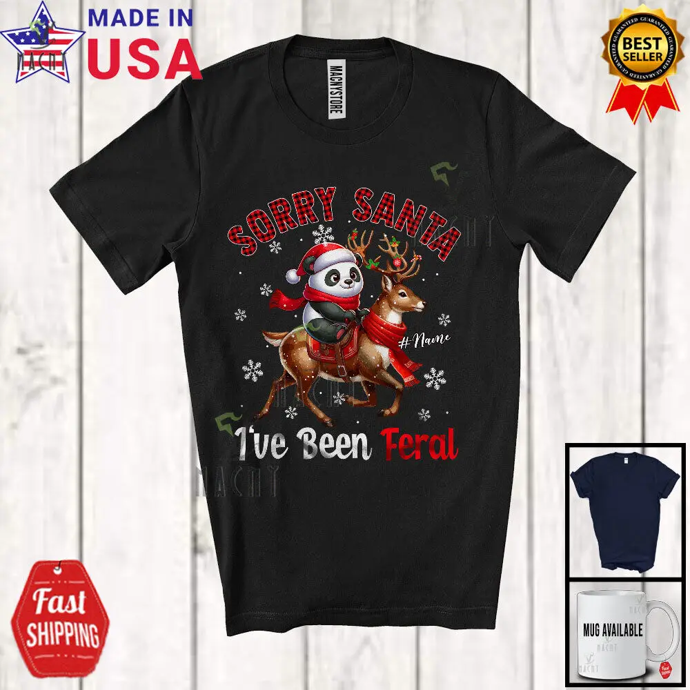 Custom Name Sorry I've Been Feral; Christmas Plaid Panda Riding Reindeer Shirt