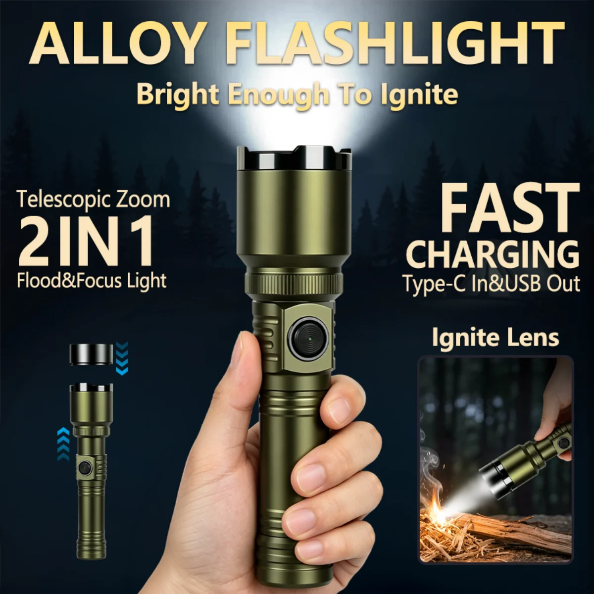

Powerful LED Flashlight Concentrating Ignition Zoom Torch Tactical Rechargeable Lamp Outdoor Camping Lantern with 18650 Battery