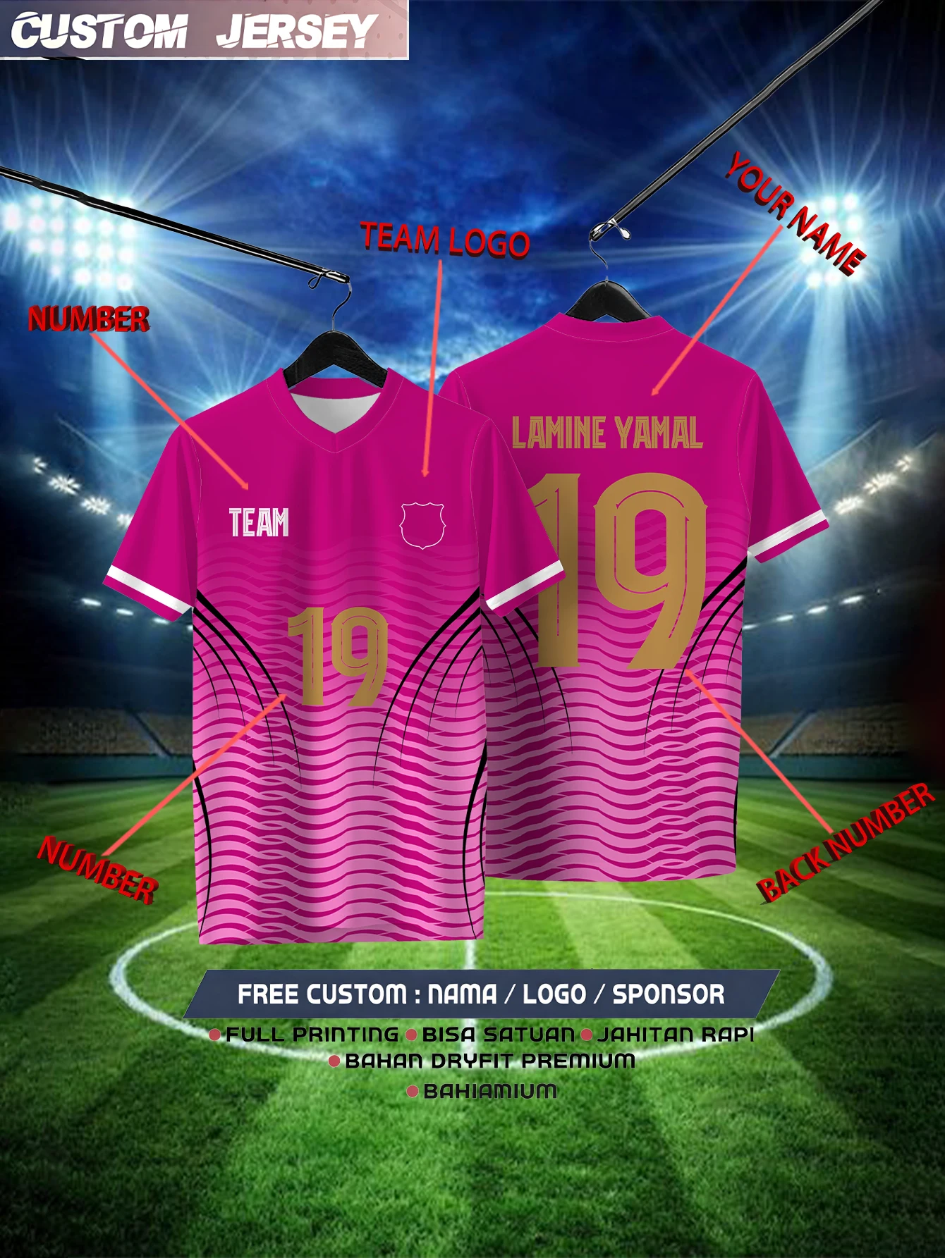 

Customized Geometric Purple Red Short Sleeved Shirt with Team Name, Emblem, Name and Number, Outdoor Sports Short Sleeved Shirt