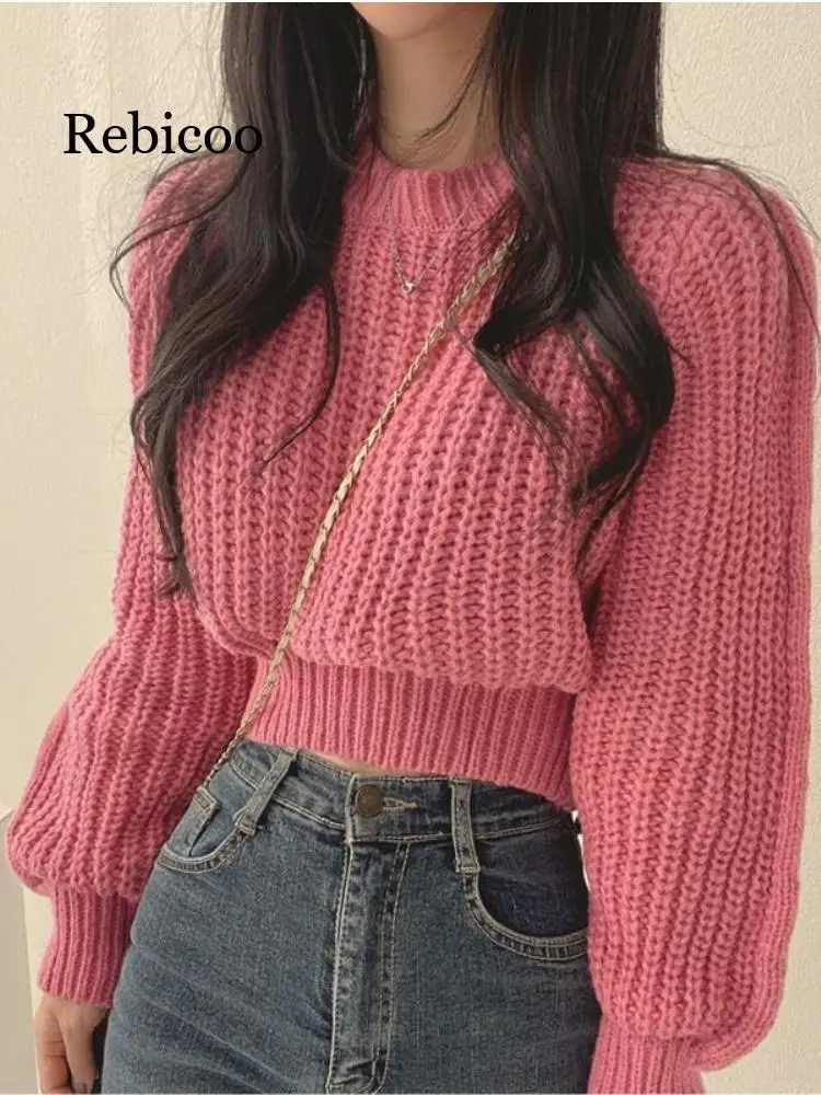 

Women Autumn Fashion Sweaters Lantern Sleeve O-Neck Cropped Knitted Pullover Ladies Elegant Thick Street Wear Retro Jumpers