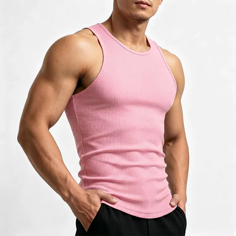 2026 New Men's Rib Knit Tank Tops Elastic Slim Fit Fitness Gym Vest  Quick-drying Sleeveless Muscle Shirts for Running Training