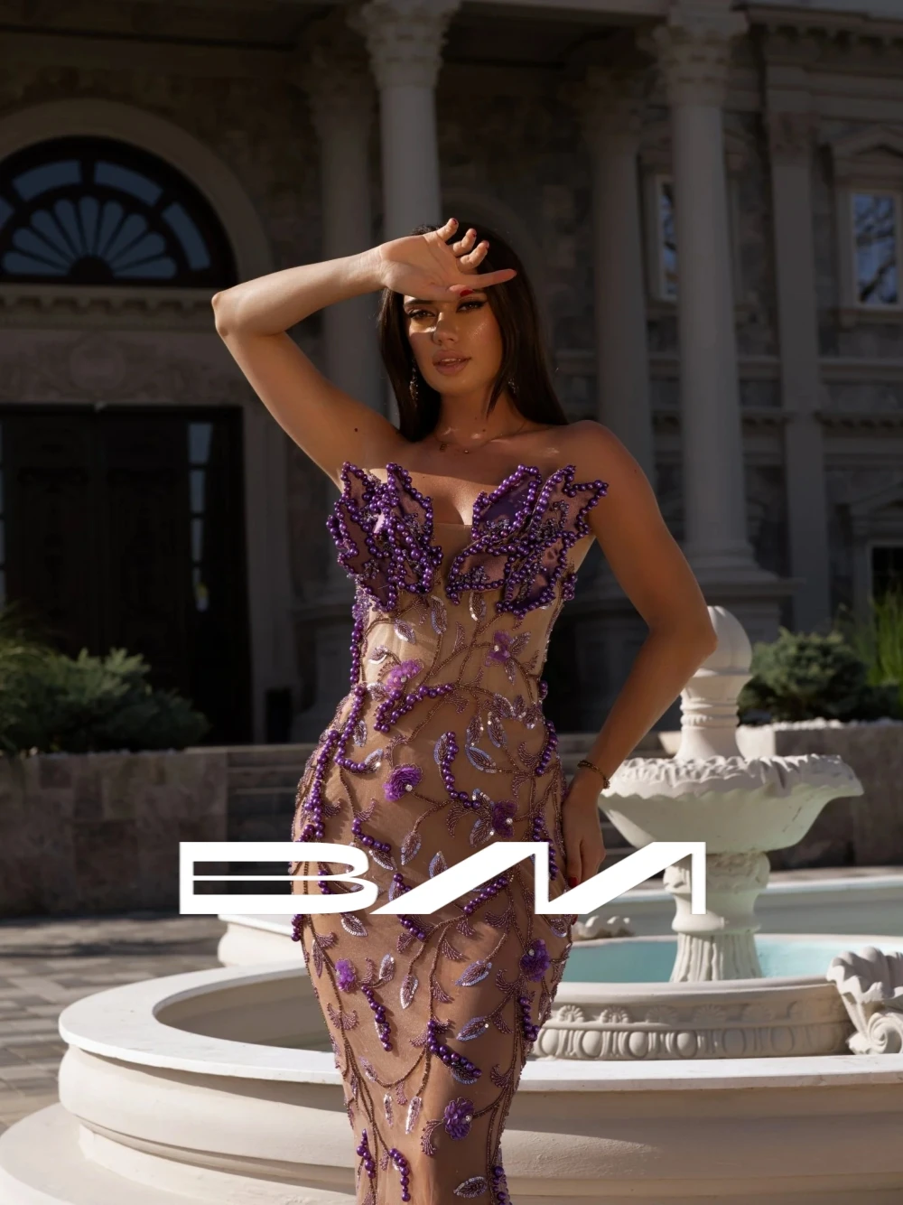 

Purple Pearls Beautiful Strapless Evening Dress Modern 3D Leaf Sequined Prom Gown Customized Delicate Cocktail Women Wear