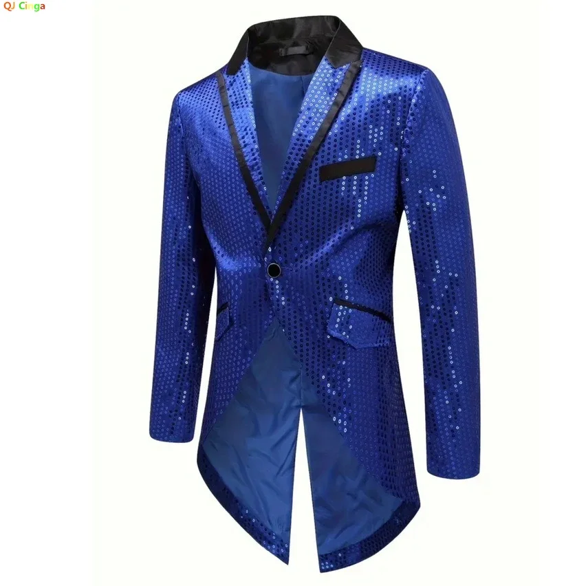 Blue V-Neck Long Sleeve Tuxedo Men's, TV Performance Magic Long Jacket, Glitter Sequin Decoration Red Gold Black Blazers S-XXL