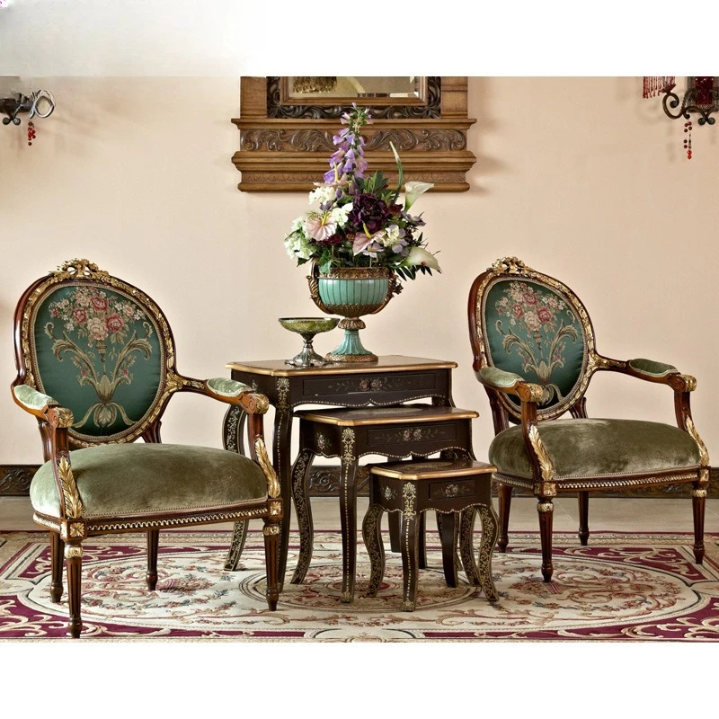 Classical solid wood, villa dark green flowers elegant, brown, sofa combination