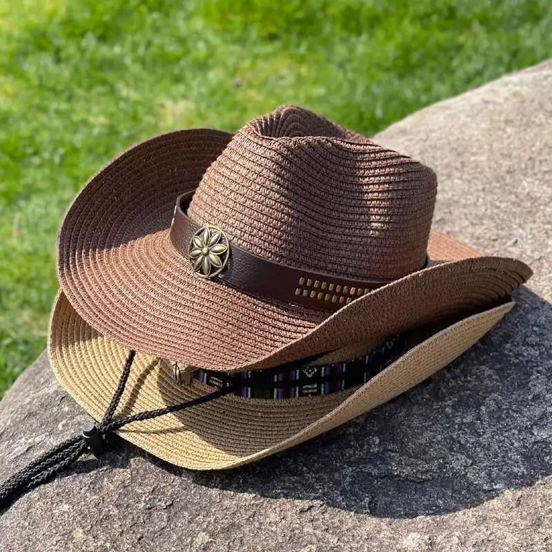 

Ethic Style Tibeta Large Eave Jazz Straw Wome, Summer Outdoor Su Protectio Ad Shadig Beach Hat, Wester Cowboy Hat For