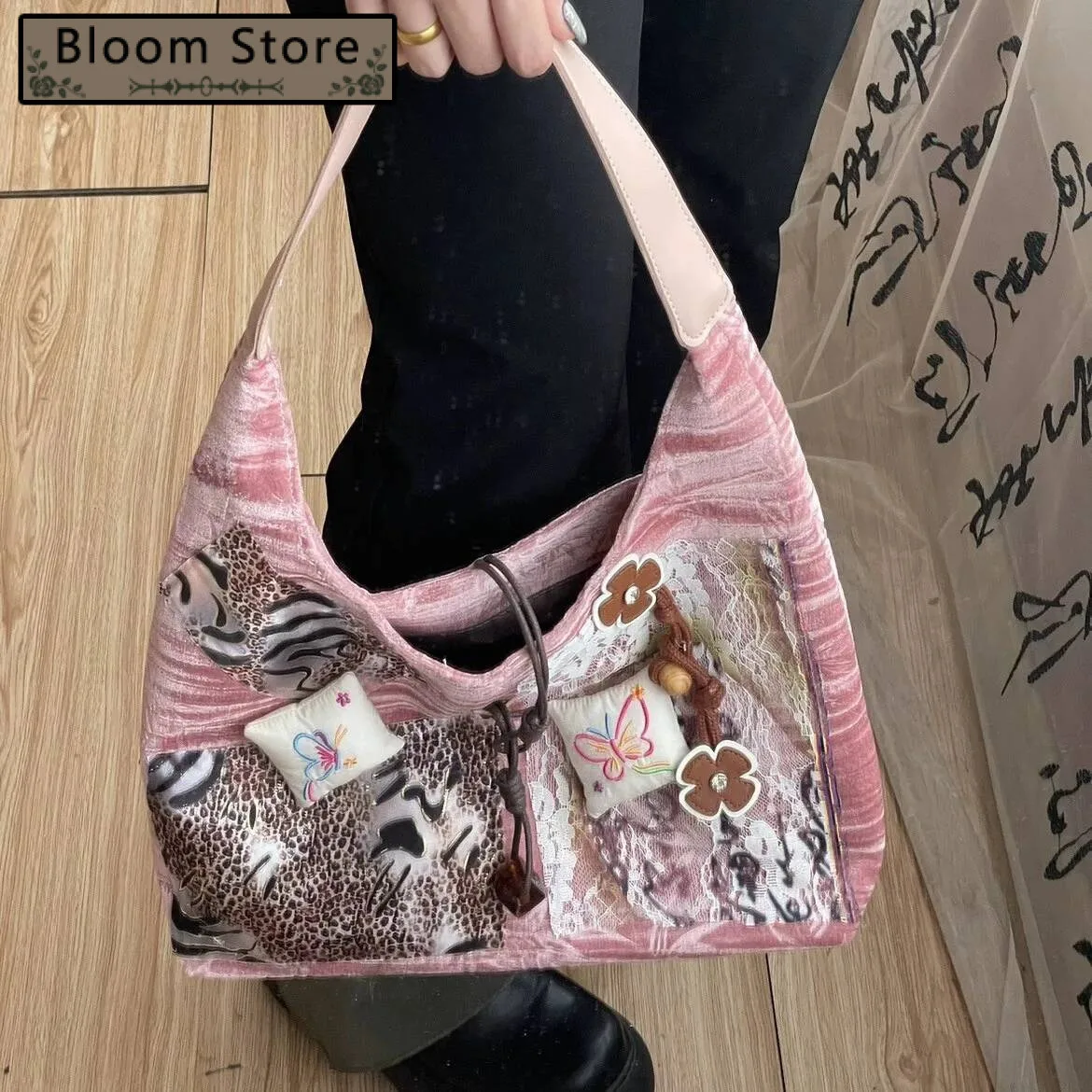 

Bloom Haruku Pink Large Capacity Tote Bag Purse Women Retro Chinese Style Lace Shoulder Bags Ladies Vintage Y2k Handbag 2025