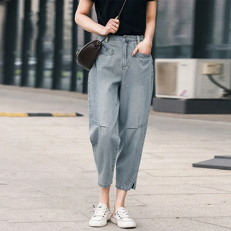 

Harun Pants Jean Femme Light Blue Casual Women Show Thin High Waist Fashion Trousers Temperament Nine Points Denim Pants Vintage