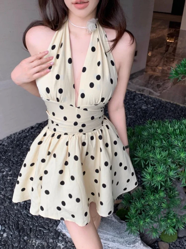 Ezgaga Mini Dresses Women Sleeveless Polka Dot Bandage Bowknot Halter Backless Spring Summer Party Holiday Sexy Sweet Dress