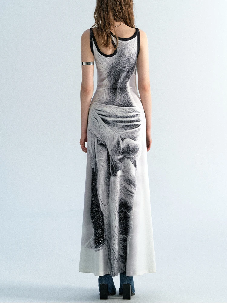 CHEERART Optische Täuschung Cut Out Langes Kleid Für Frau 2025, Sommer Ärmellose A-linie Tuniken Midi Kleid Designer High Fashion