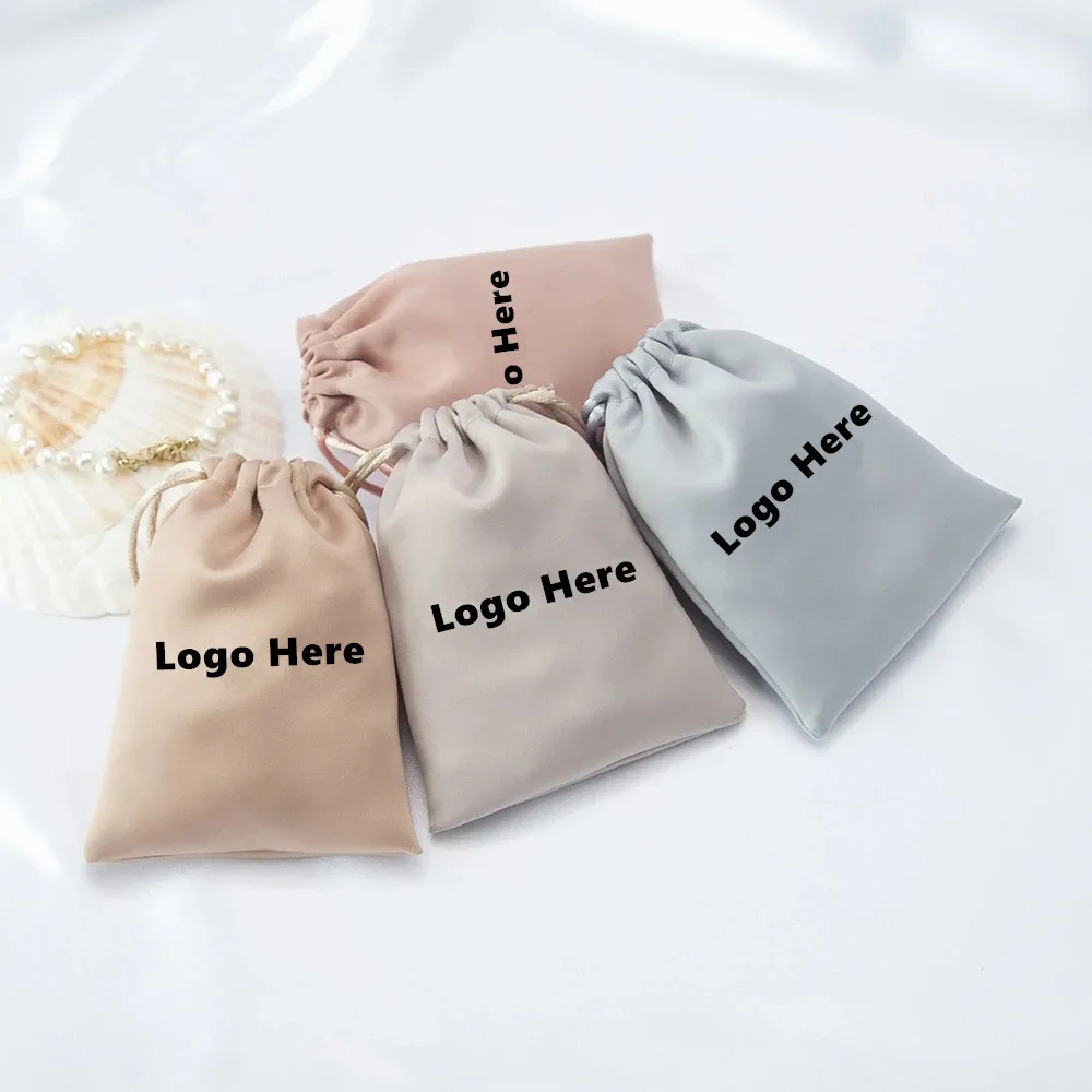 

Custom White Silk Satin Jewelry Drawstring Gift Bags Print Logo Small Pink Packaging Pouch for Rings Wedding Favors Guests Candy