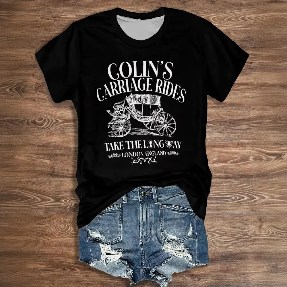 

Colin's Carriage Print Women Round-Neck T-Shirts Casual Pullover Loose Short Sleeves Oversized Tee Shirt Female Fashion Clothing