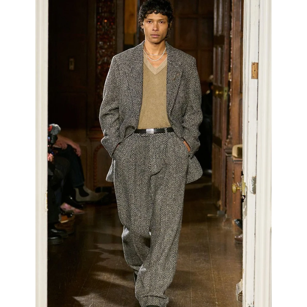 

Simple Black White Herringbone Gray Tone Single-Breasted Notch Men Suit 2 Piece Jacket Pant Set Loose Office Casual Male Outfit