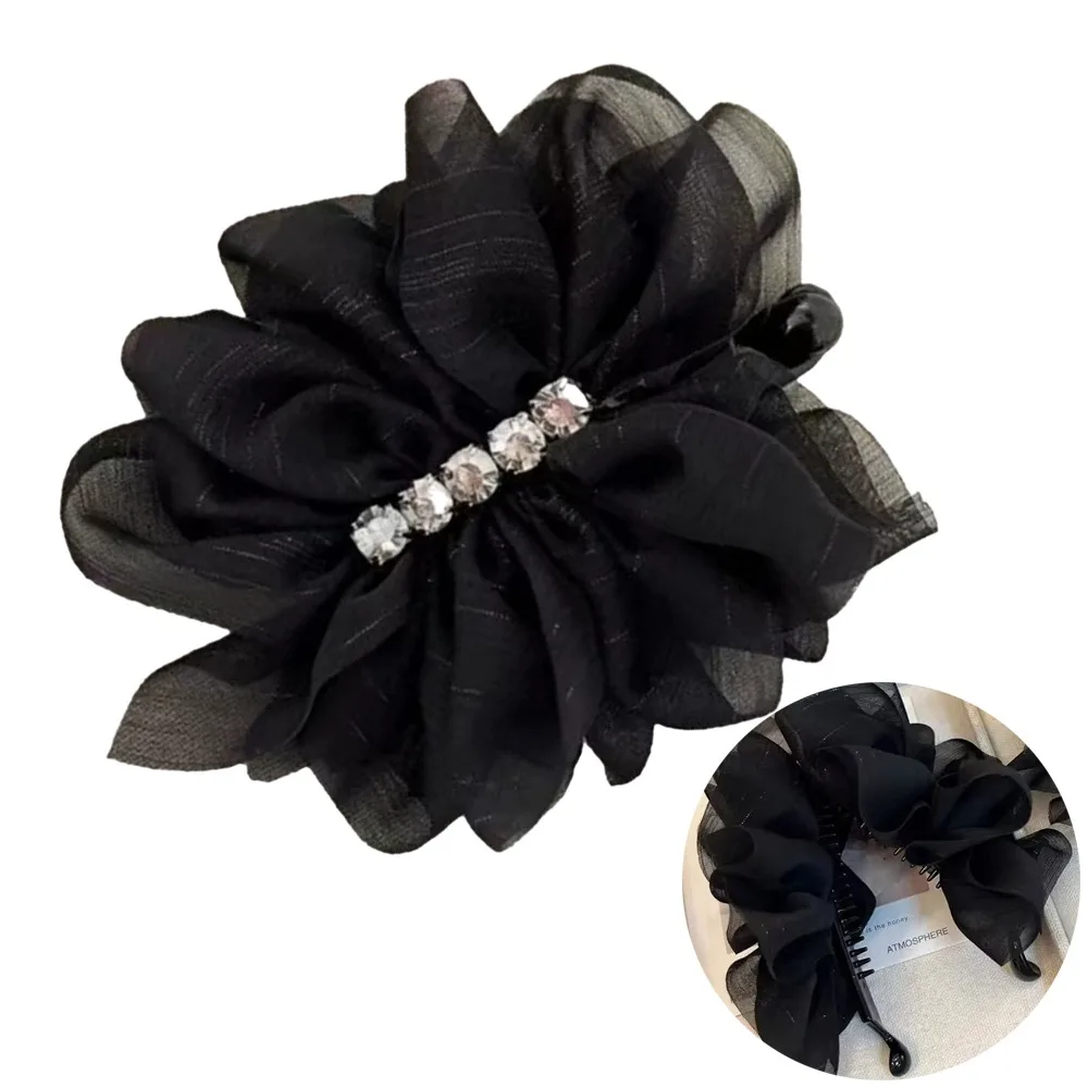 

Korean Fashion Quality Material Hair Claw Mesh Design Black Grab Clip Pleated Bow Rhinestone Decoration Shark Clip Hair Styling