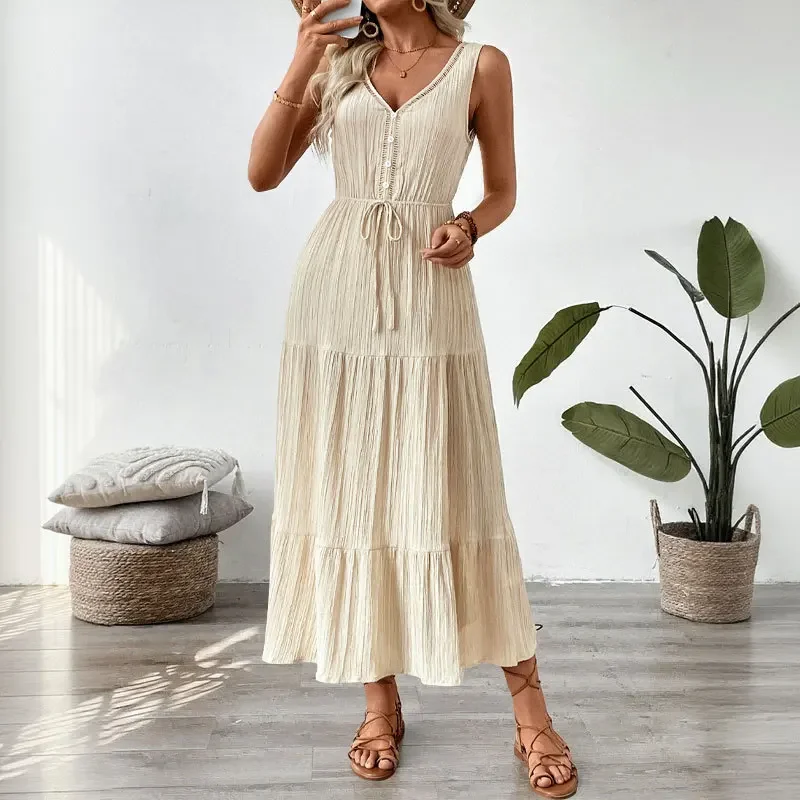 Summer New Fashionable Solid Color Women Long Dress Sexy V-neck Female Sleeveless Beach Vacation Vestidos