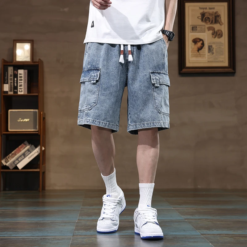 American retro jeans men's summer thin cut trendy brand five quarter pants loose straight leg trendy sports and casual mid lengt