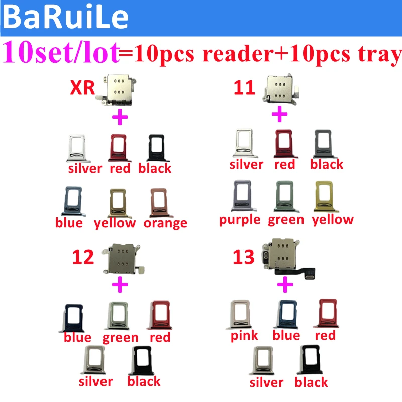 BaRuiLe 10sets For iPhone 11 12 13 Pro Max 14 Plus XR Dual Sim Card Reader Connector Flex Cable + Tray Slot Holder Adapter Part