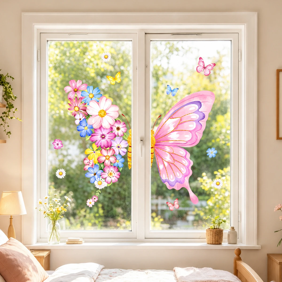 Wasserfarben-Wildblumen-Fensteraufkleber - Wiederverwendbare Blumen- und Schmetterlings-Statikfolien für Glas, Fenstersticker für Heim- und Bürodekoration