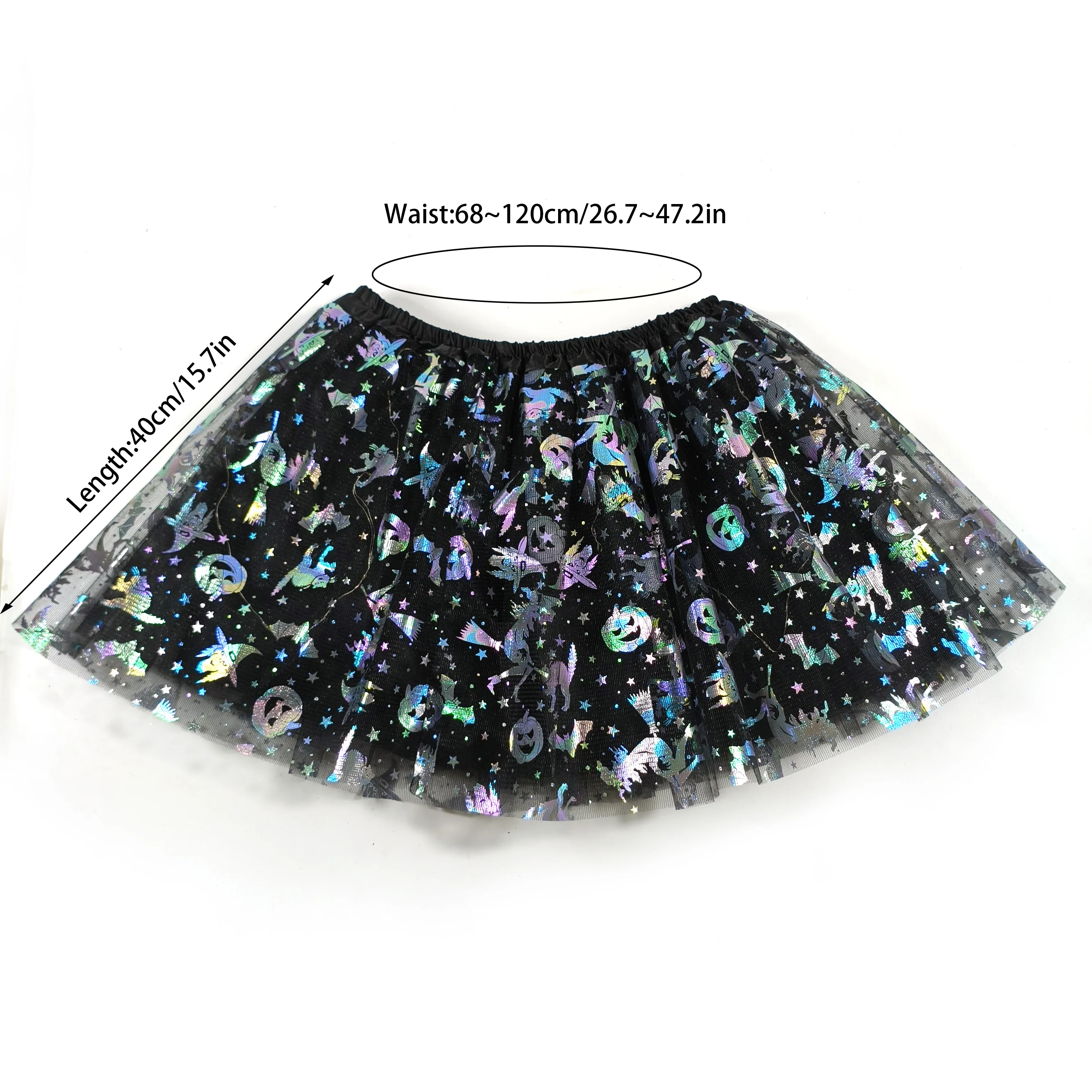 Adult LED Halloween Black Iridescent Tulle Skirt, Holographic Witch, Pumpkin & Bat Print Elastic Waist Tutu Mini Skirt for Party