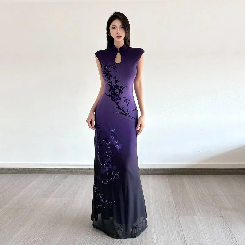 New Chinese Floral Print Cheongsam Collar Slim Dress Purple Rhyme Gradual Change Spice Girl Hip Wrap Dress Temperament Commuting