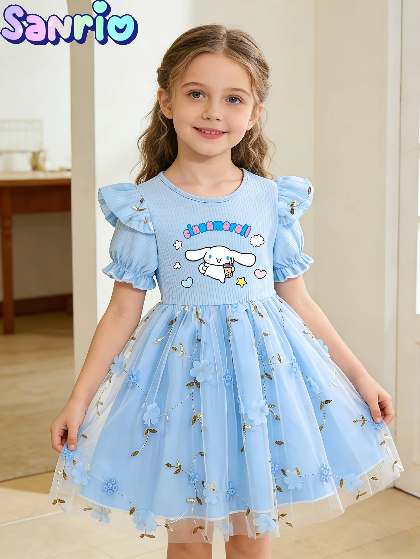 Cinnamoroll Princess Kids Outfit, European Style Girls Tulle Ball Gown, Blue 3D Floral Layered Mesh Tutu Dress for Birthday Part